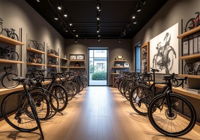 Interni eleganti del negozio Fenicottero Corsa con biciclette esposte